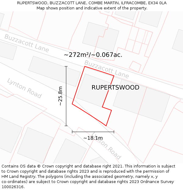 RUPERTSWOOD, BUZZACOTT LANE, COMBE MARTIN, ILFRACOMBE, EX34 0LA: Plot and title map