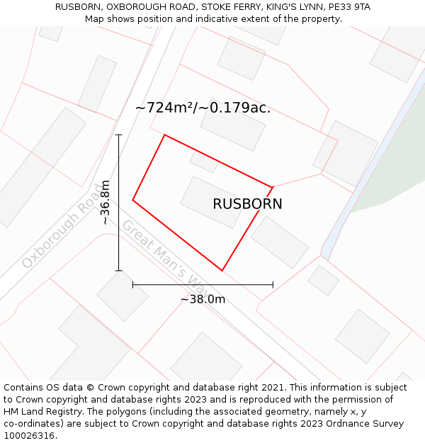 RUSBORN, OXBOROUGH ROAD, STOKE FERRY, KING'S LYNN, PE33 9TA: Plot and title map