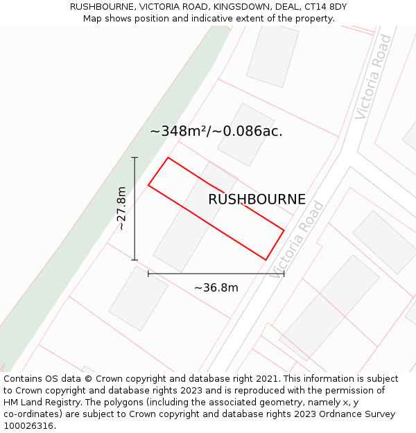 RUSHBOURNE, VICTORIA ROAD, KINGSDOWN, DEAL, CT14 8DY: Plot and title map