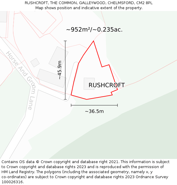 RUSHCROFT, THE COMMON, GALLEYWOOD, CHELMSFORD, CM2 8PL: Plot and title map