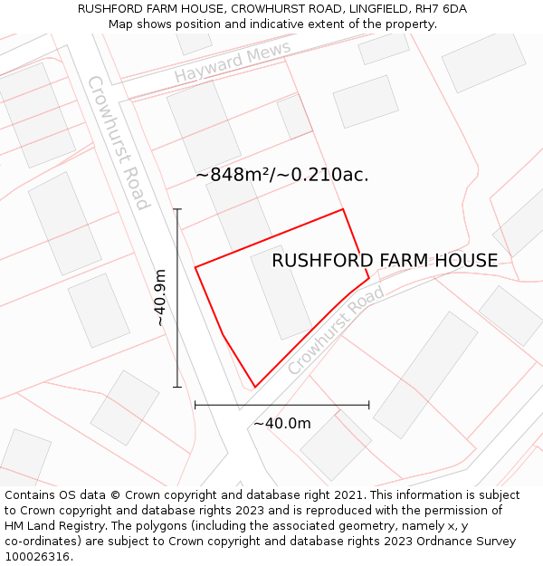 RUSHFORD FARM HOUSE, CROWHURST ROAD, LINGFIELD, RH7 6DA: Plot and title map