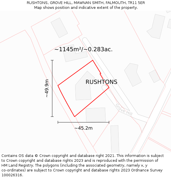 RUSHTONS, GROVE HILL, MAWNAN SMITH, FALMOUTH, TR11 5ER: Plot and title map