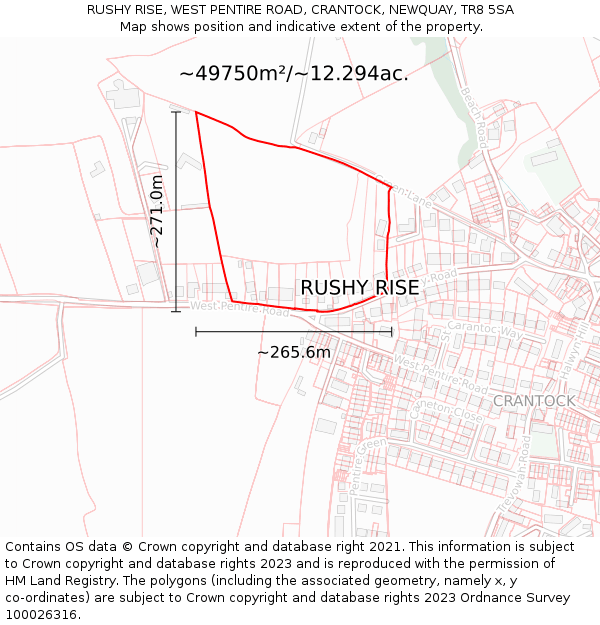 RUSHY RISE, WEST PENTIRE ROAD, CRANTOCK, NEWQUAY, TR8 5SA: Plot and title map