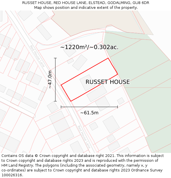 RUSSET HOUSE, RED HOUSE LANE, ELSTEAD, GODALMING, GU8 6DR: Plot and title map