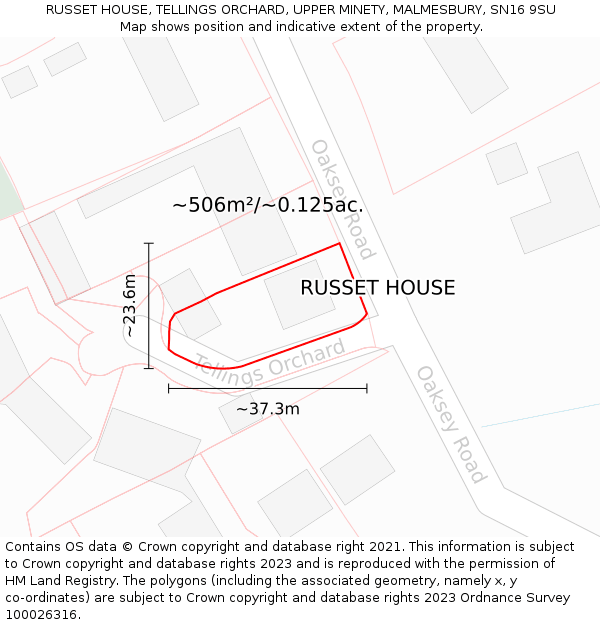 RUSSET HOUSE, TELLINGS ORCHARD, UPPER MINETY, MALMESBURY, SN16 9SU: Plot and title map