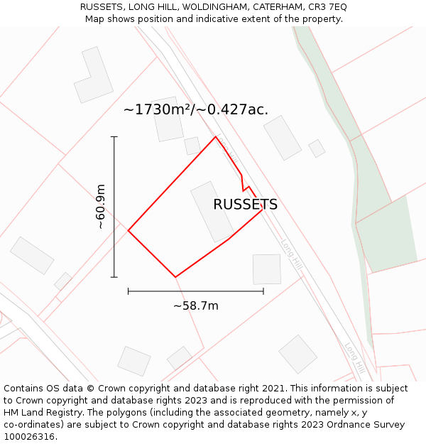 RUSSETS, LONG HILL, WOLDINGHAM, CATERHAM, CR3 7EQ: Plot and title map