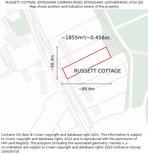 RUSSETT COTTAGE, EFFINGHAM COMMON ROAD, EFFINGHAM, LEATHERHEAD, KT24 5JG: Plot and title map