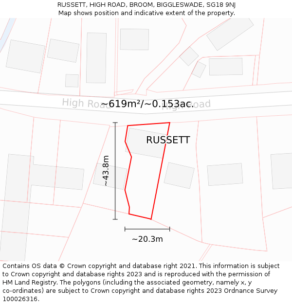 RUSSETT, HIGH ROAD, BROOM, BIGGLESWADE, SG18 9NJ: Plot and title map