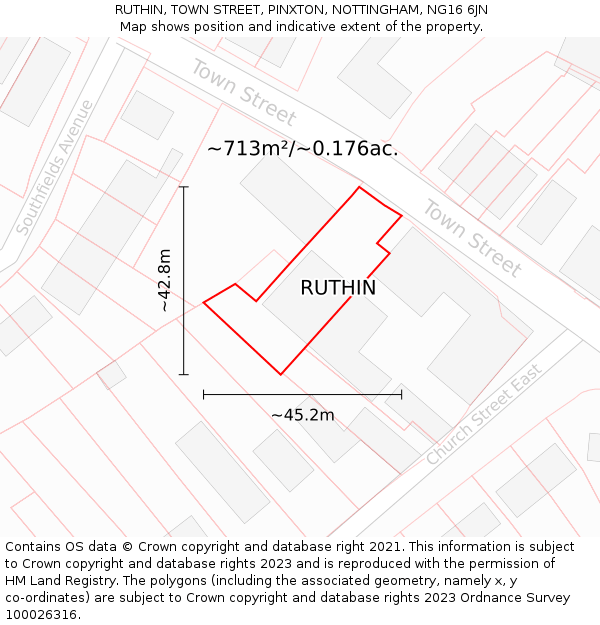 RUTHIN, TOWN STREET, PINXTON, NOTTINGHAM, NG16 6JN: Plot and title map