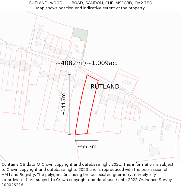 RUTLAND, WOODHILL ROAD, SANDON, CHELMSFORD, CM2 7SD: Plot and title map