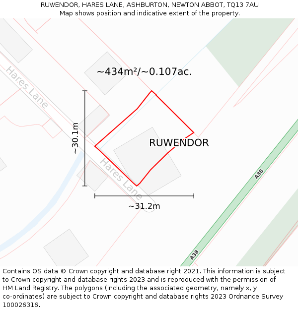 RUWENDOR, HARES LANE, ASHBURTON, NEWTON ABBOT, TQ13 7AU: Plot and title map