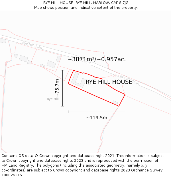 RYE HILL HOUSE, RYE HILL, HARLOW, CM18 7JG: Plot and title map