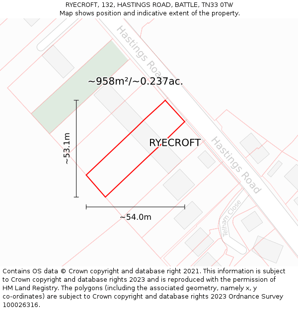RYECROFT, 132, HASTINGS ROAD, BATTLE, TN33 0TW: Plot and title map