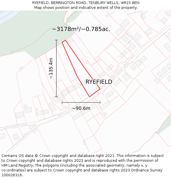 RYEFIELD, BERRINGTON ROAD, TENBURY WELLS, WR15 8EN: Plot and title map