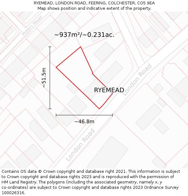 RYEMEAD, LONDON ROAD, FEERING, COLCHESTER, CO5 9EA: Plot and title map