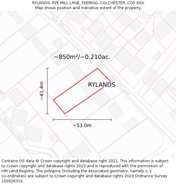 RYLANDS, RYE MILL LANE, FEERING, COLCHESTER, CO5 9SA: Plot and title map