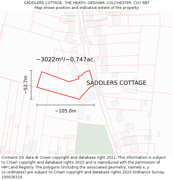 SADDLERS COTTAGE, THE HEATH, DEDHAM, COLCHESTER, CO7 6BT: Plot and title map