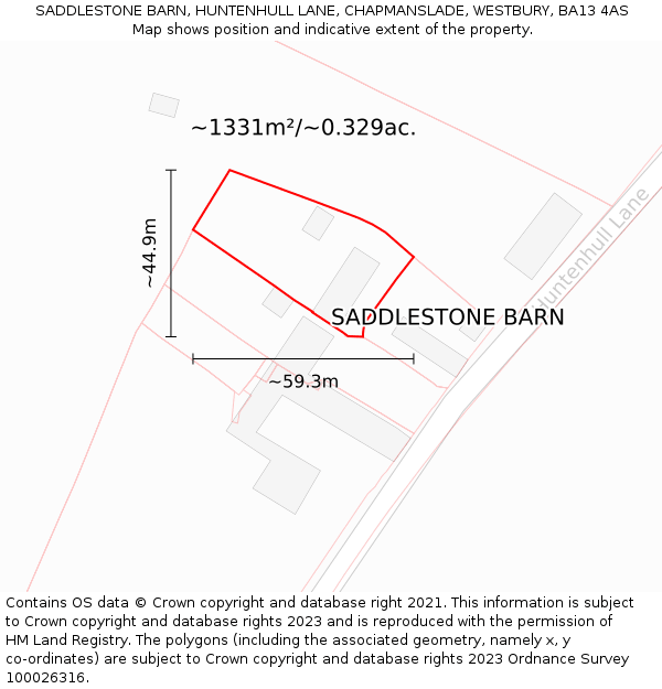 SADDLESTONE BARN, HUNTENHULL LANE, CHAPMANSLADE, WESTBURY, BA13 4AS: Plot and title map