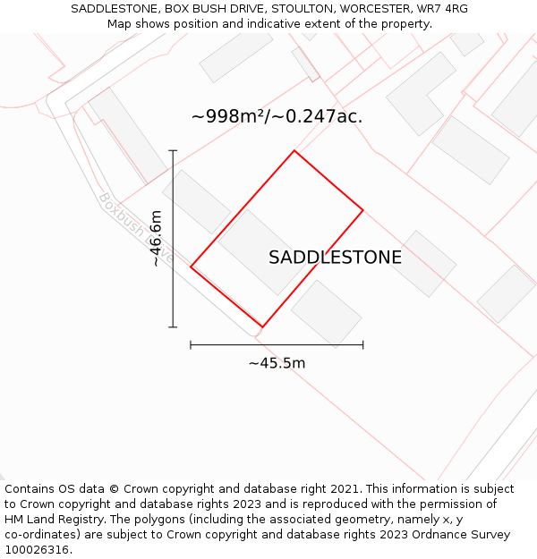 SADDLESTONE, BOX BUSH DRIVE, STOULTON, WORCESTER, WR7 4RG: Plot and title map