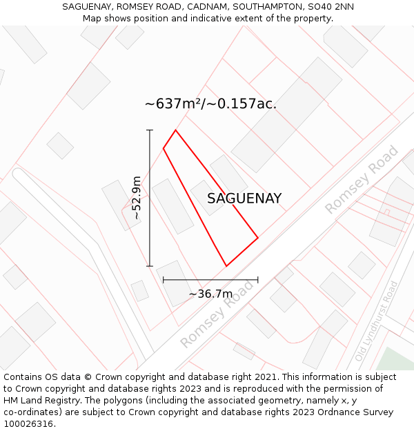 SAGUENAY, ROMSEY ROAD, CADNAM, SOUTHAMPTON, SO40 2NN: Plot and title map