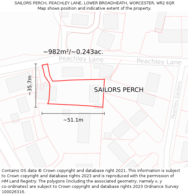 SAILORS PERCH, PEACHLEY LANE, LOWER BROADHEATH, WORCESTER, WR2 6QR: Plot and title map