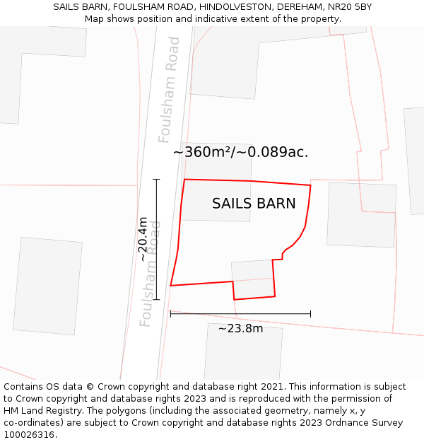 SAILS BARN, FOULSHAM ROAD, HINDOLVESTON, DEREHAM, NR20 5BY: Plot and title map