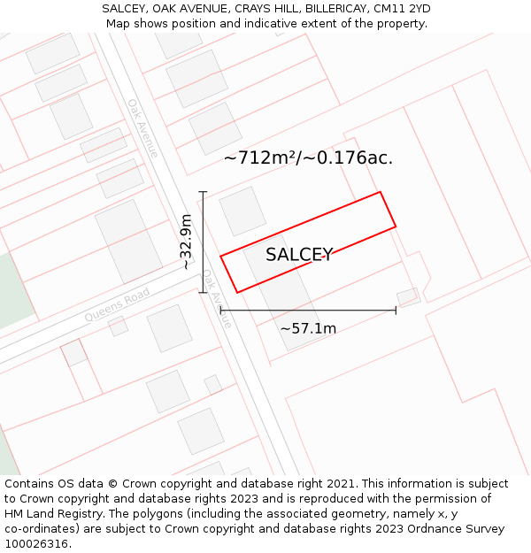 SALCEY, OAK AVENUE, CRAYS HILL, BILLERICAY, CM11 2YD: Plot and title map