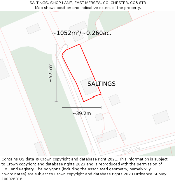 SALTINGS, SHOP LANE, EAST MERSEA, COLCHESTER, CO5 8TR: Plot and title map