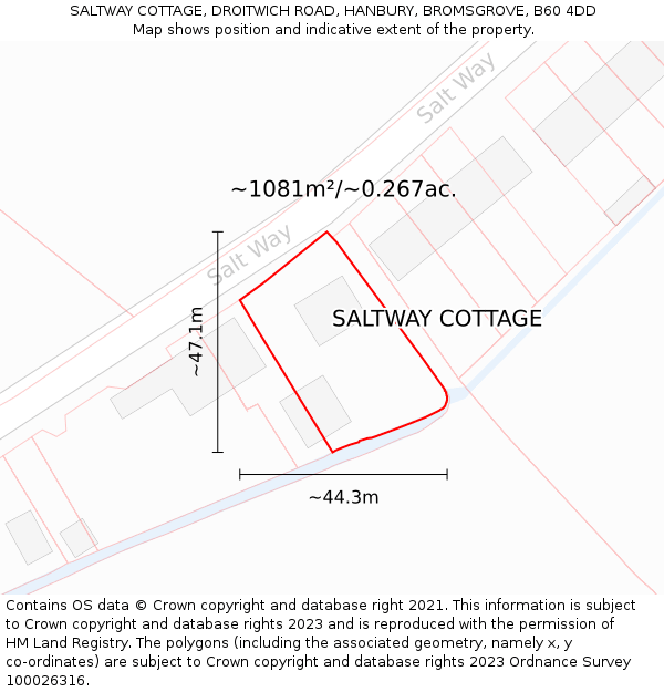 SALTWAY COTTAGE, DROITWICH ROAD, HANBURY, BROMSGROVE, B60 4DD: Plot and title map