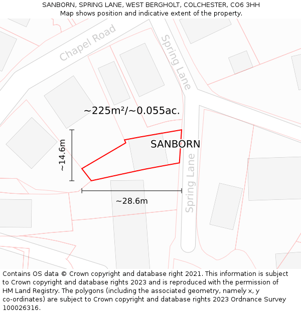 SANBORN, SPRING LANE, WEST BERGHOLT, COLCHESTER, CO6 3HH: Plot and title map