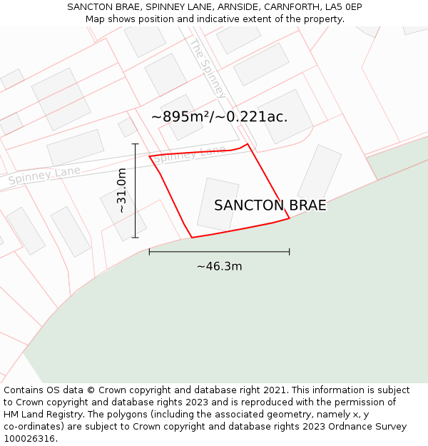 SANCTON BRAE, SPINNEY LANE, ARNSIDE, CARNFORTH, LA5 0EP: Plot and title map