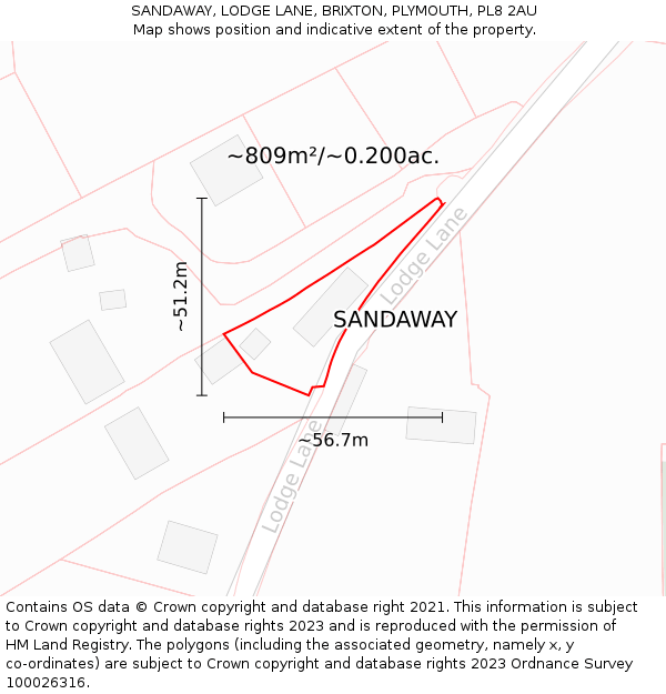 SANDAWAY, LODGE LANE, BRIXTON, PLYMOUTH, PL8 2AU: Plot and title map