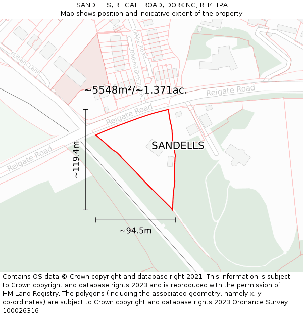 SANDELLS, REIGATE ROAD, DORKING, RH4 1PA: Plot and title map