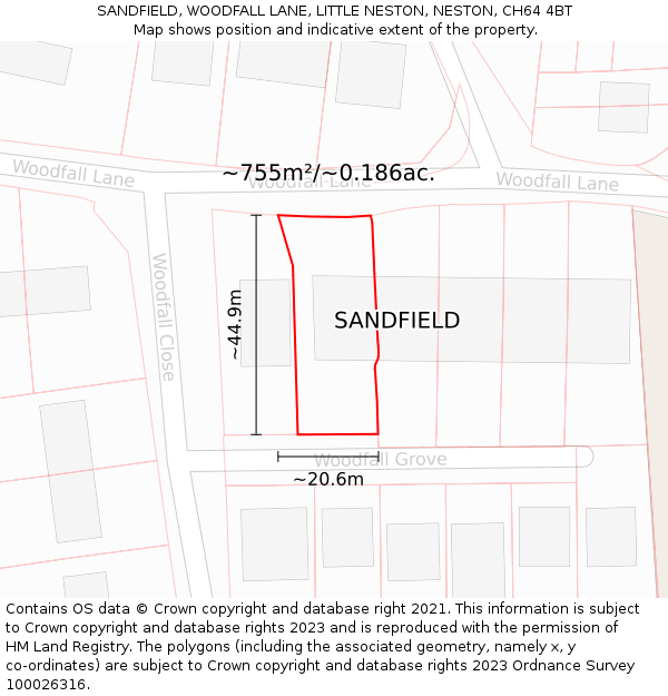 SANDFIELD, WOODFALL LANE, LITTLE NESTON, NESTON, CH64 4BT: Plot and title map