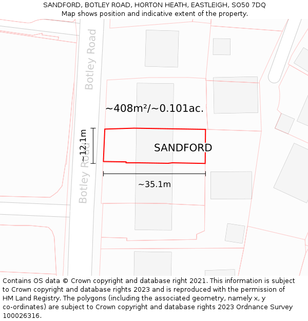 SANDFORD, BOTLEY ROAD, HORTON HEATH, EASTLEIGH, SO50 7DQ: Plot and title map