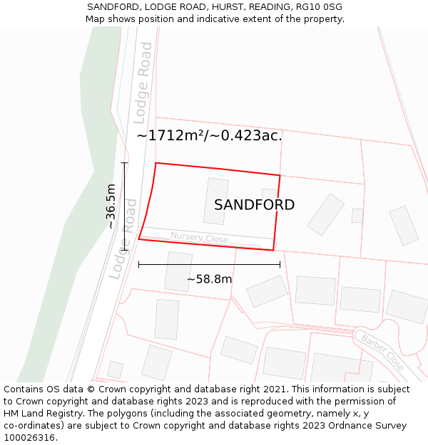 SANDFORD, LODGE ROAD, HURST, READING, RG10 0SG: Plot and title map