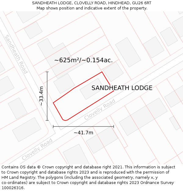 SANDHEATH LODGE, CLOVELLY ROAD, HINDHEAD, GU26 6RT: Plot and title map