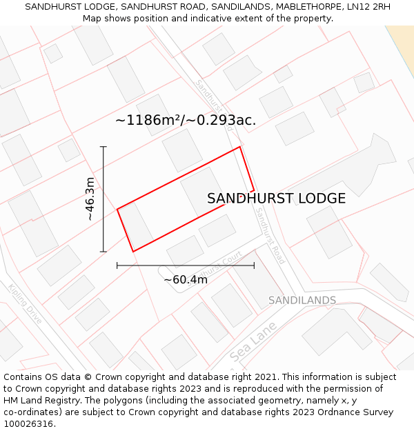 SANDHURST LODGE, SANDHURST ROAD, SANDILANDS, MABLETHORPE, LN12 2RH: Plot and title map