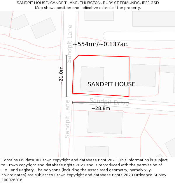 SANDPIT HOUSE, SANDPIT LANE, THURSTON, BURY ST EDMUNDS, IP31 3SD: Plot and title map