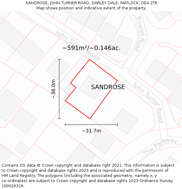 SANDROSE, JOHN TURNER ROAD, DARLEY DALE, MATLOCK, DE4 2TR: Plot and title map