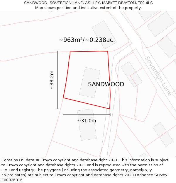SANDWOOD, SOVEREIGN LANE, ASHLEY, MARKET DRAYTON, TF9 4LS: Plot and title map