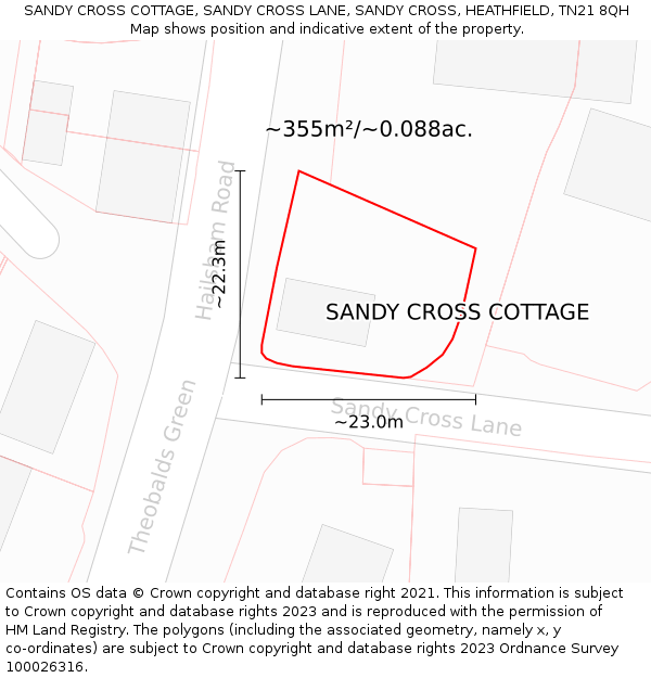 SANDY CROSS COTTAGE, SANDY CROSS LANE, SANDY CROSS, HEATHFIELD, TN21 8QH: Plot and title map