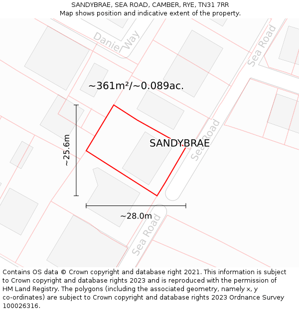 SANDYBRAE, SEA ROAD, CAMBER, RYE, TN31 7RR: Plot and title map