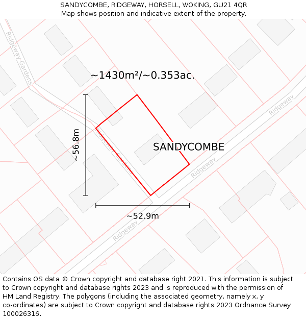 SANDYCOMBE, RIDGEWAY, HORSELL, WOKING, GU21 4QR: Plot and title map