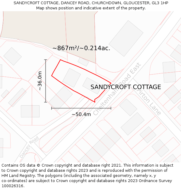 SANDYCROFT COTTAGE, DANCEY ROAD, CHURCHDOWN, GLOUCESTER, GL3 1HP: Plot and title map