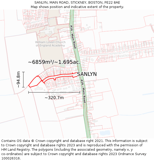 SANLYN, MAIN ROAD, STICKNEY, BOSTON, PE22 8AE: Plot and title map