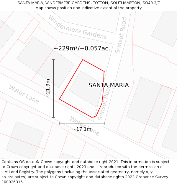 SANTA MARIA, WINDERMERE GARDENS, TOTTON, SOUTHAMPTON, SO40 3JZ: Plot and title map