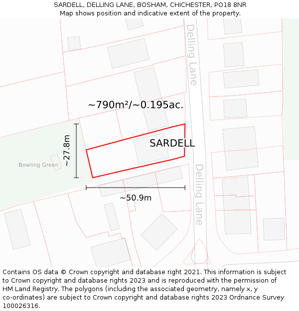 SARDELL, DELLING LANE, BOSHAM, CHICHESTER, PO18 8NR: Plot and title map