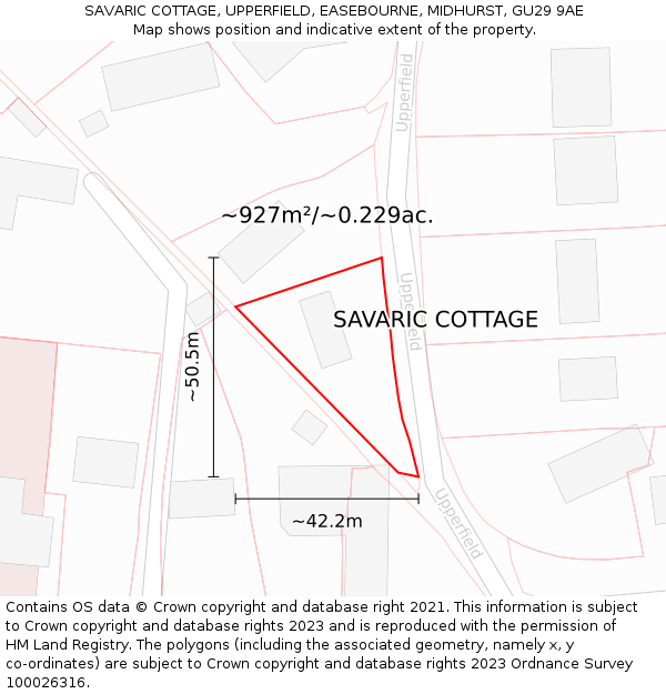 SAVARIC COTTAGE, UPPERFIELD, EASEBOURNE, MIDHURST, GU29 9AE: Plot and title map