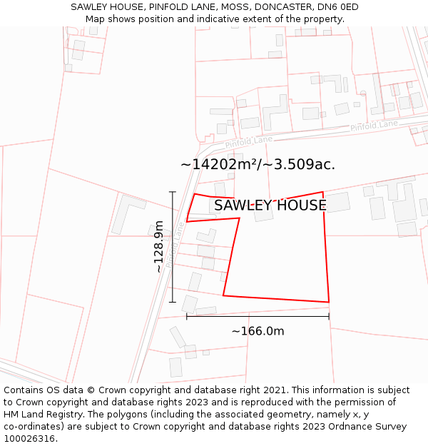 SAWLEY HOUSE, PINFOLD LANE, MOSS, DONCASTER, DN6 0ED: Plot and title map